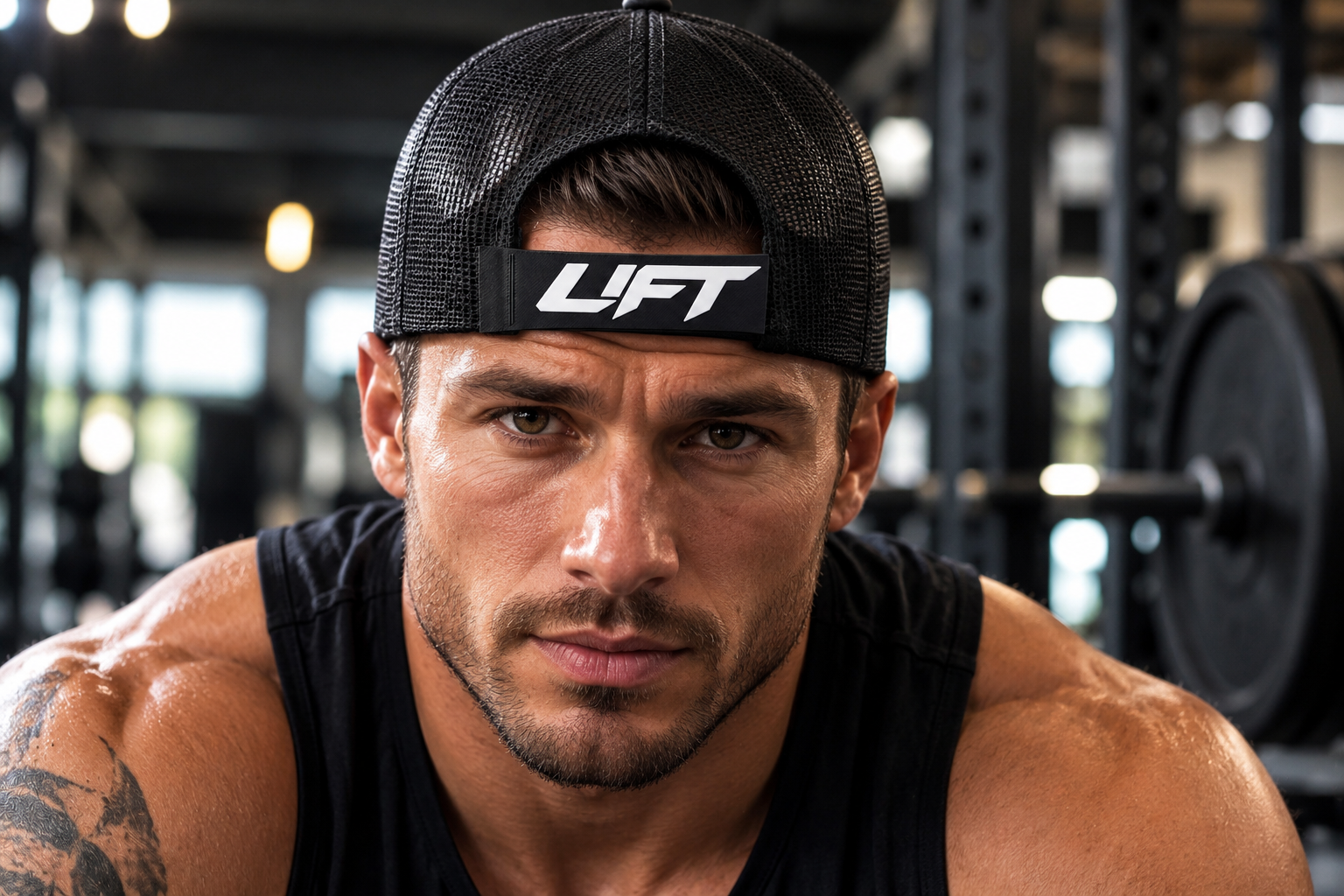 Model wearing a black snapback backwards with raised LIFT lettering on the rear strap sleeve