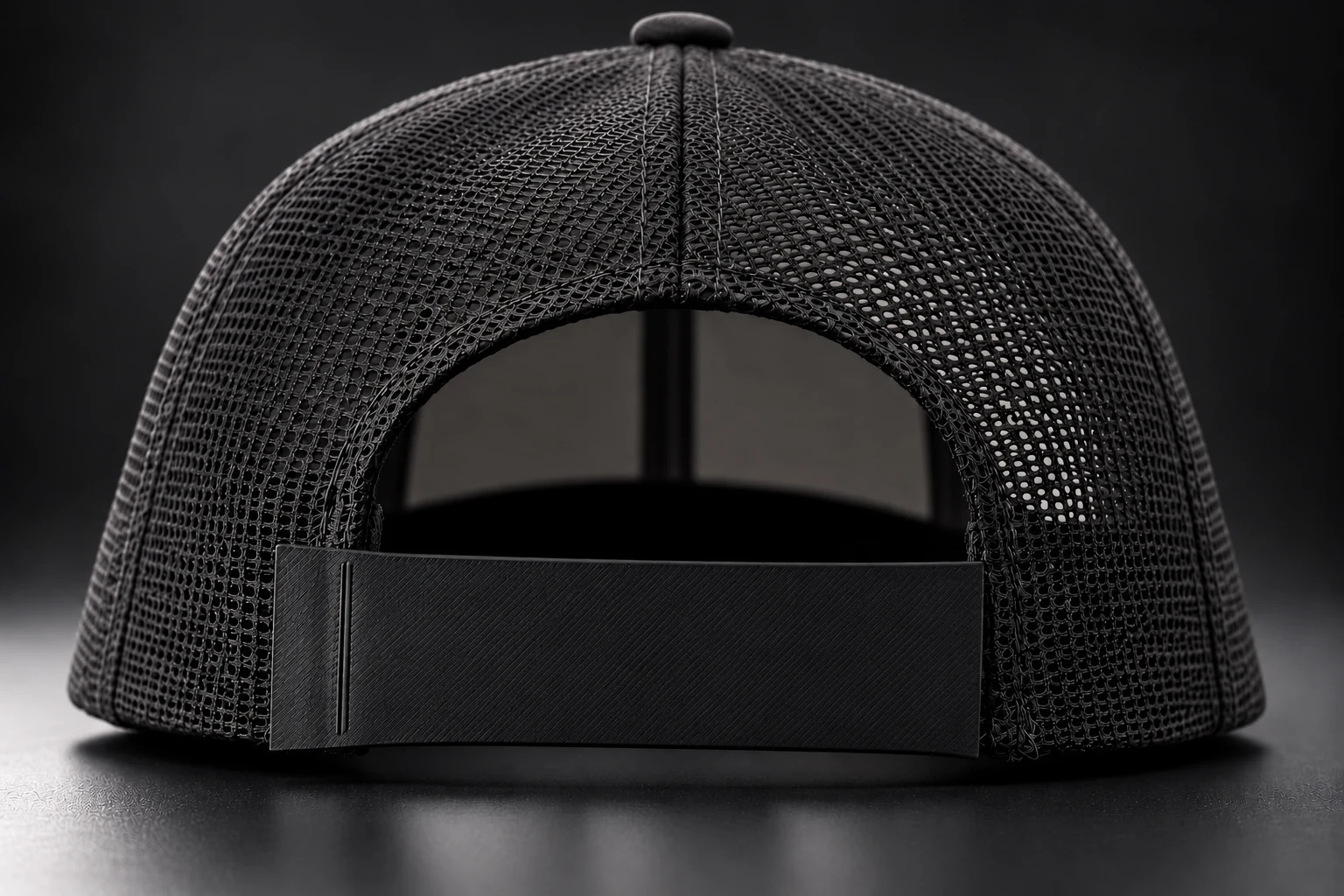 Black mesh snapback with a blank SnapInk sleeve installed across the rear strap