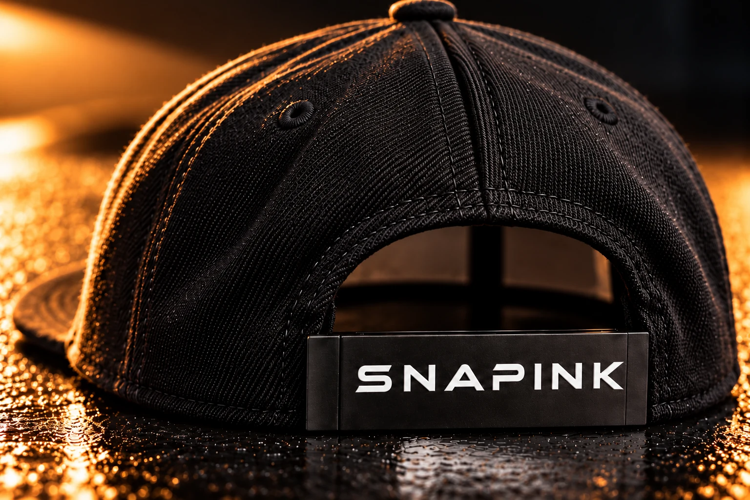 Black mesh snapback with white SnapInk branding in warm studio light